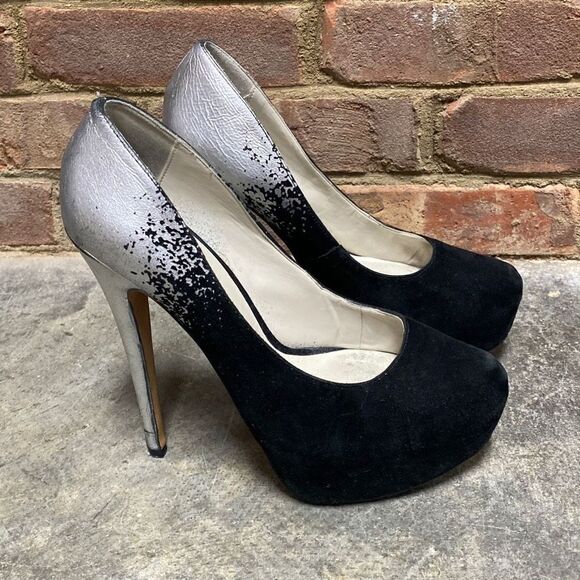 Aldo Black Leather Suede & Silver Platform Stiletto Size 8 - Picture 2 of 12